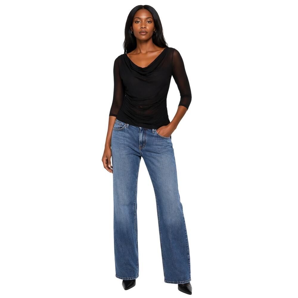 PETIT POIS Women's 3/4 Sleeves Ruched Sheer Mesh Top Black Size Extra Large